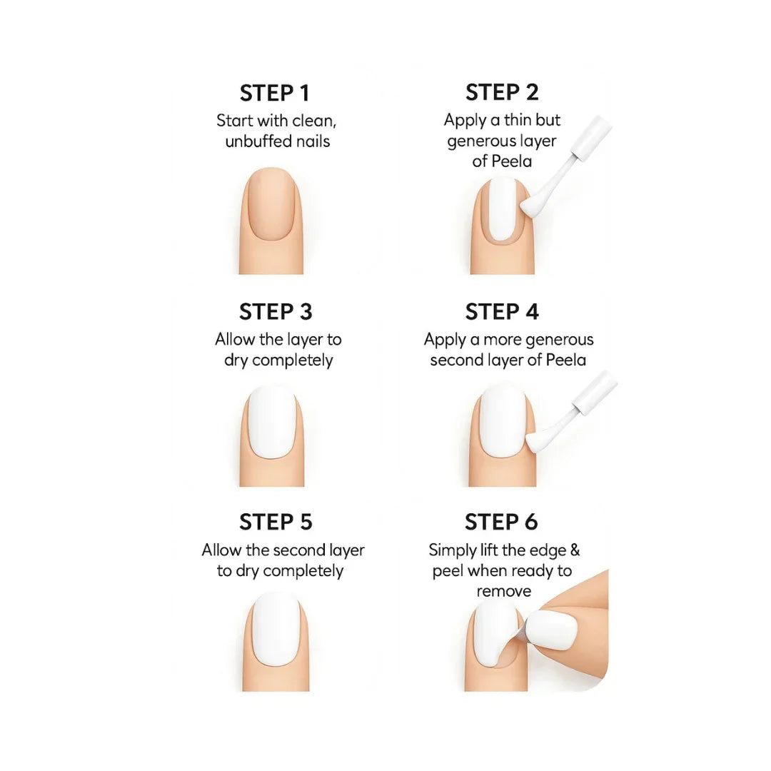 Step-by-step guide for applying Peela peelable nail polish, showing nail illustrations and instructions.