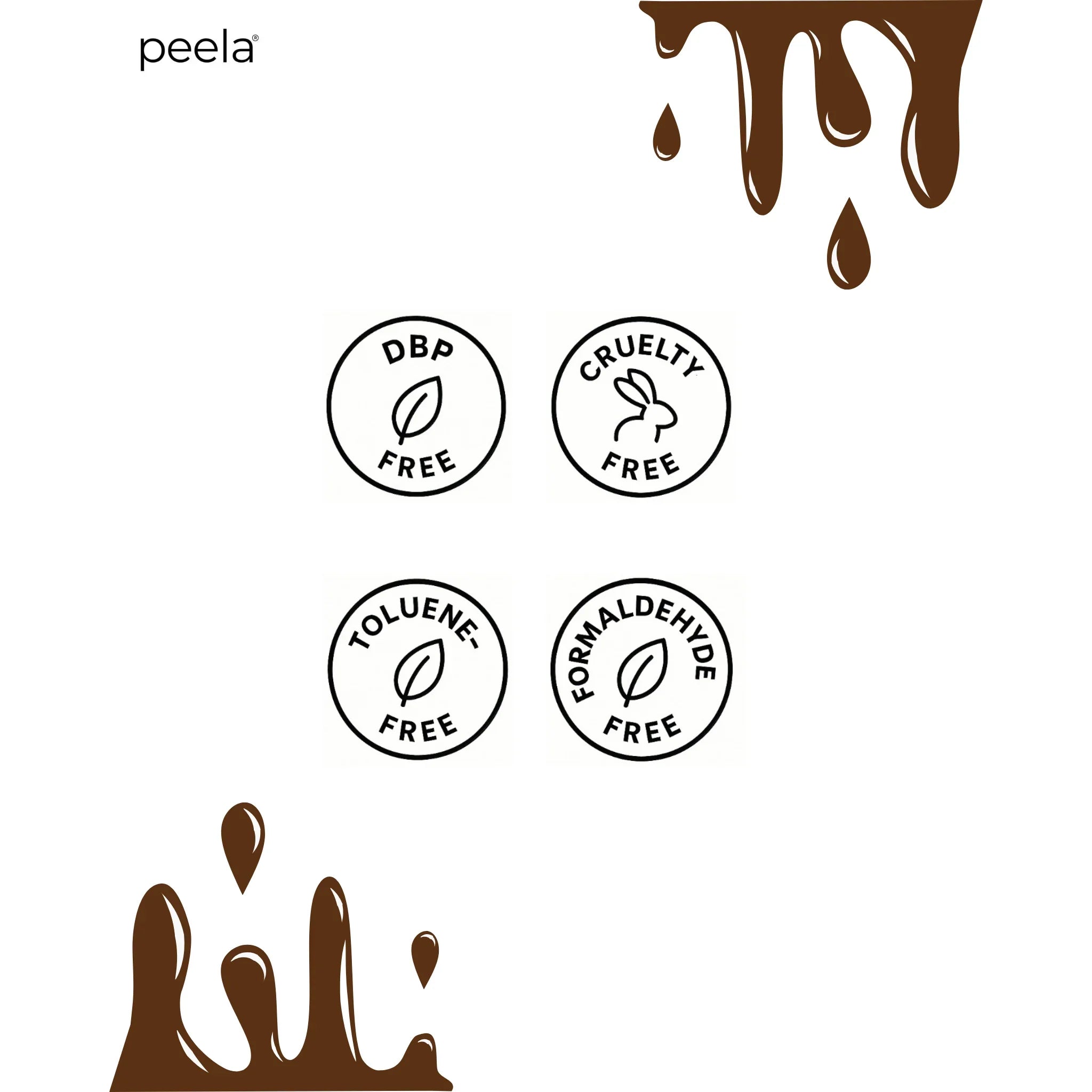 peelanails Coffee Brown nail polish icons: DBP free, cruelty free, toluene free, formaldehyde free