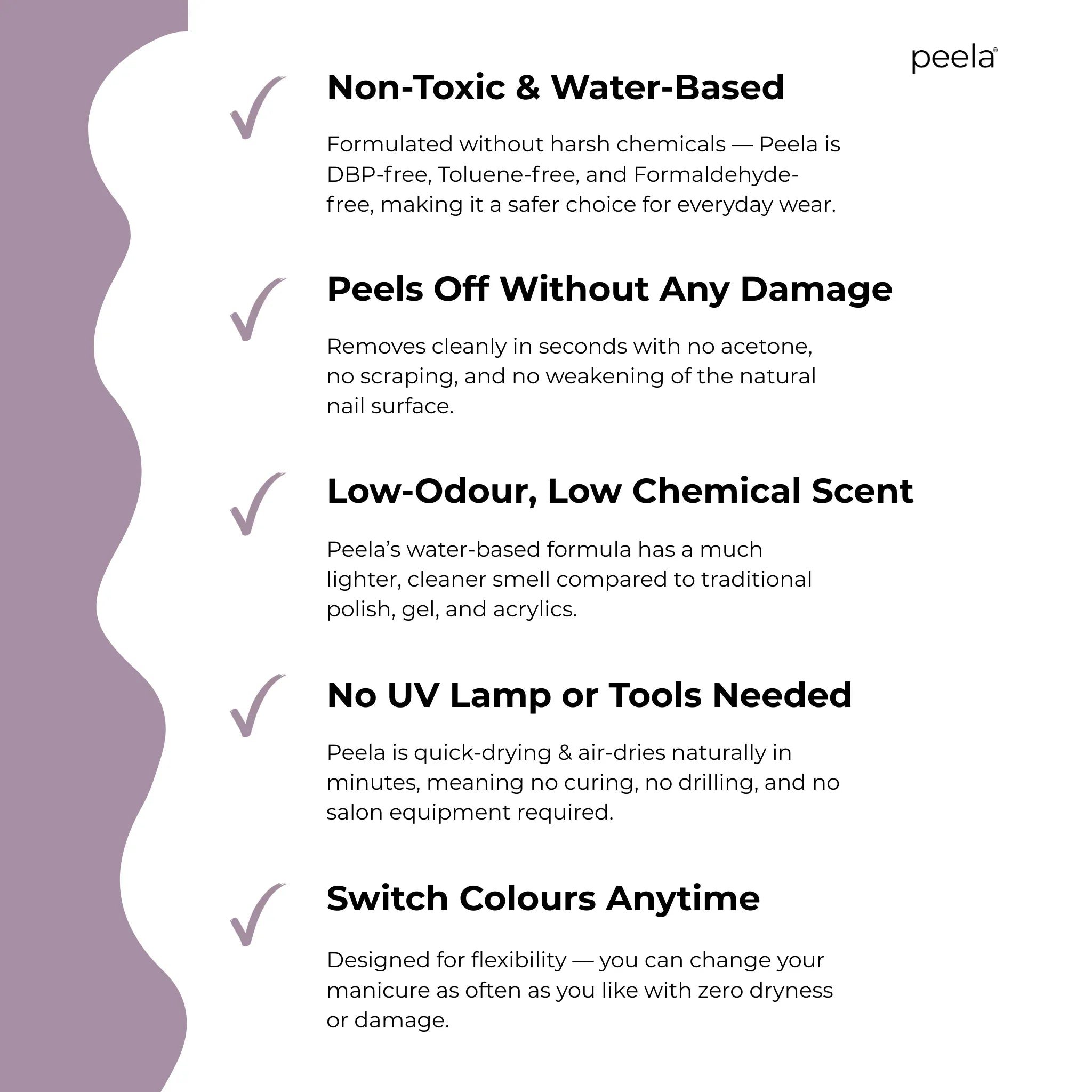 peelanails peelable nail polish facts highlighting non-toxic, water-based, damage-free removal, low-odour, no UV lamp needed, and easy color switching