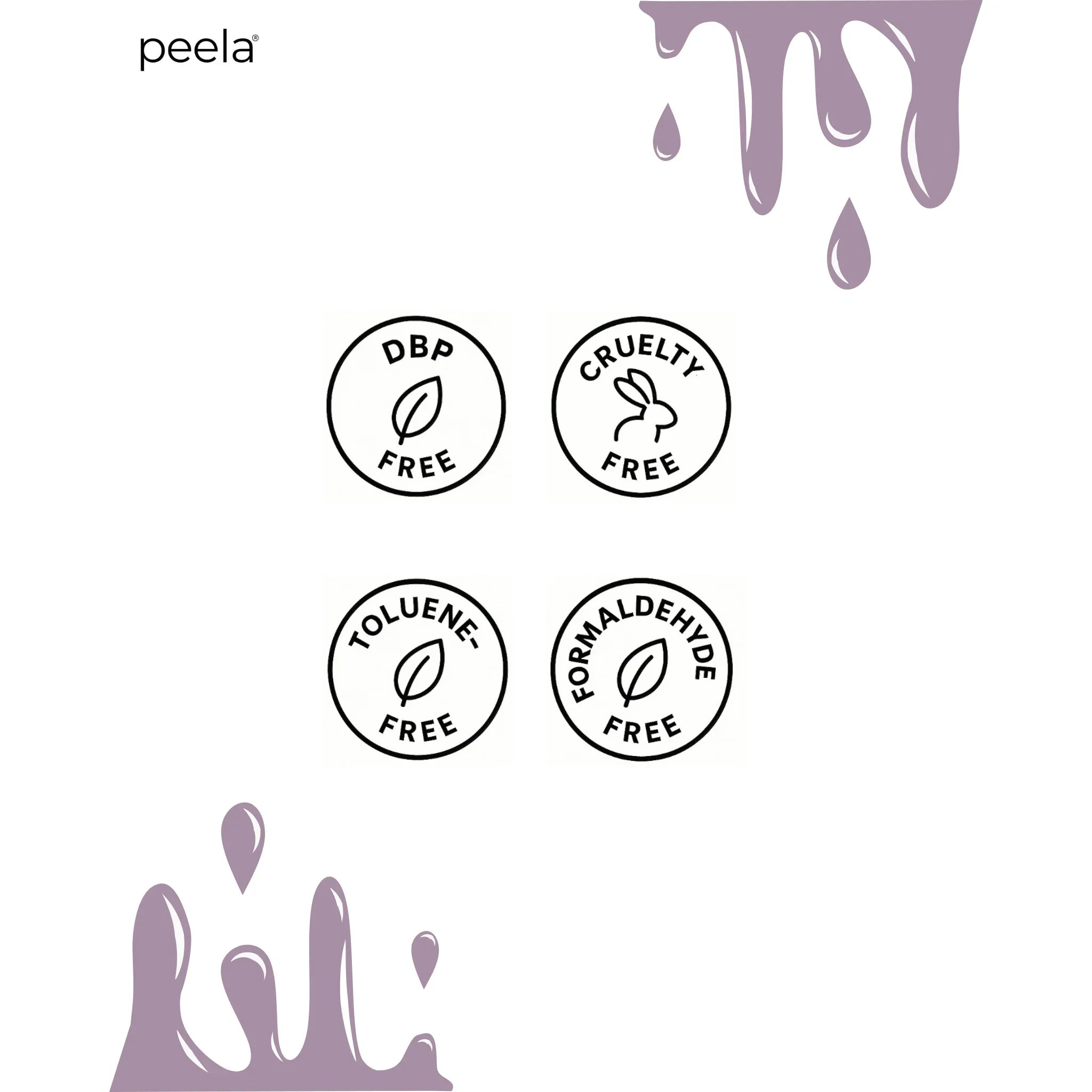 peelanails peelable nail polish icons showing DBP free, cruelty free, toluene free, formaldehyde free
