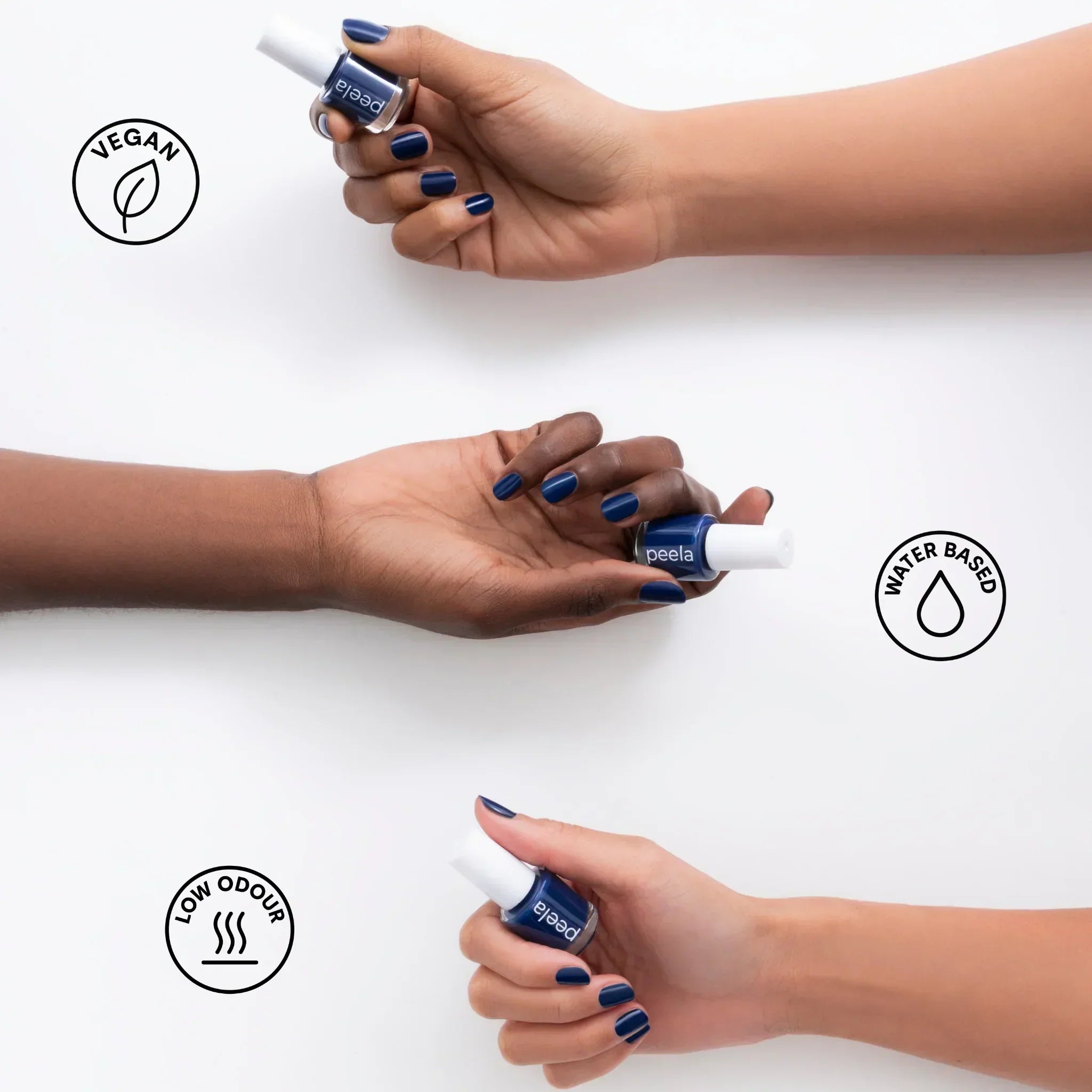 Three hands holding peelable nail polish in navy blue, showcasing vegan, water-based, low-odour formula.