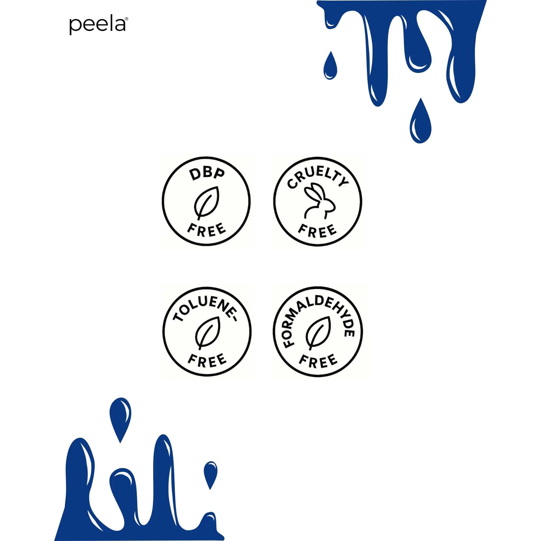 Peelanails symbols for DBP-free, cruelty-free, toluene-free, formaldehyde-free nail polish