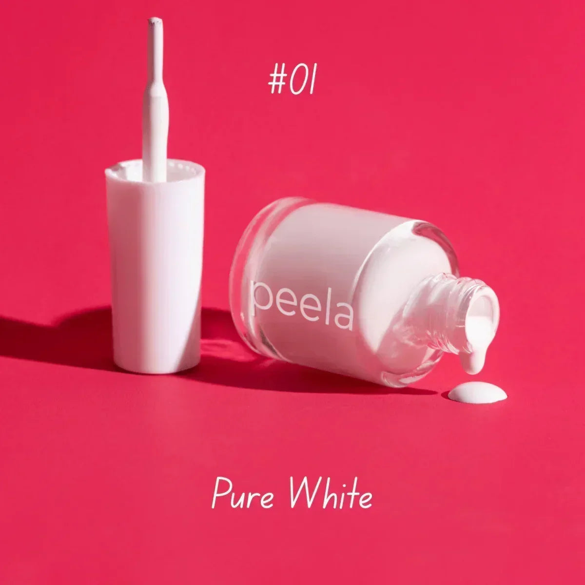 Pure White peelable nail polish shade #01 with brush and spilled drop