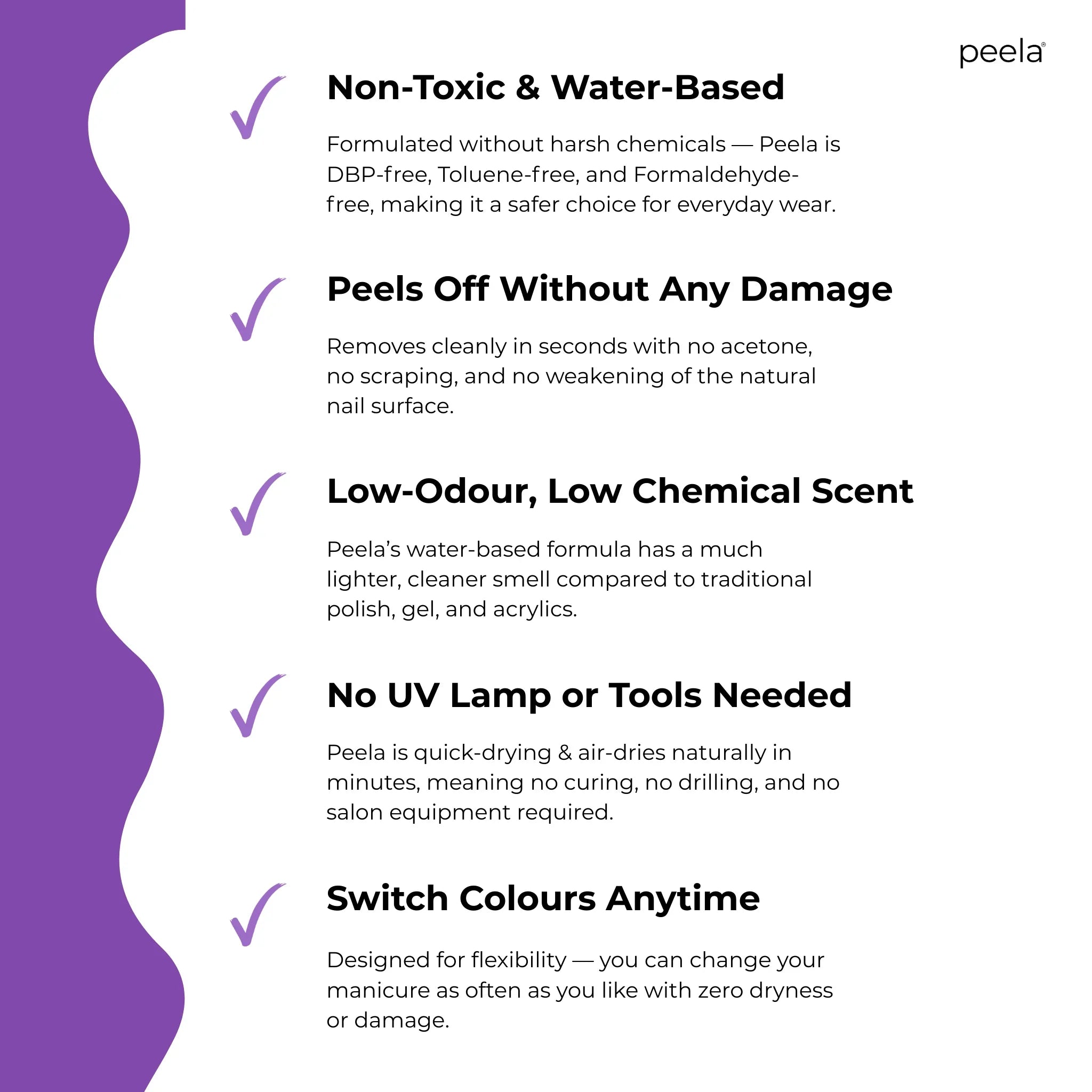 Peelanails peelable nail polish facts: non-toxic, water-based, no damage, low-odour, no UV needed, switch colors anytime.