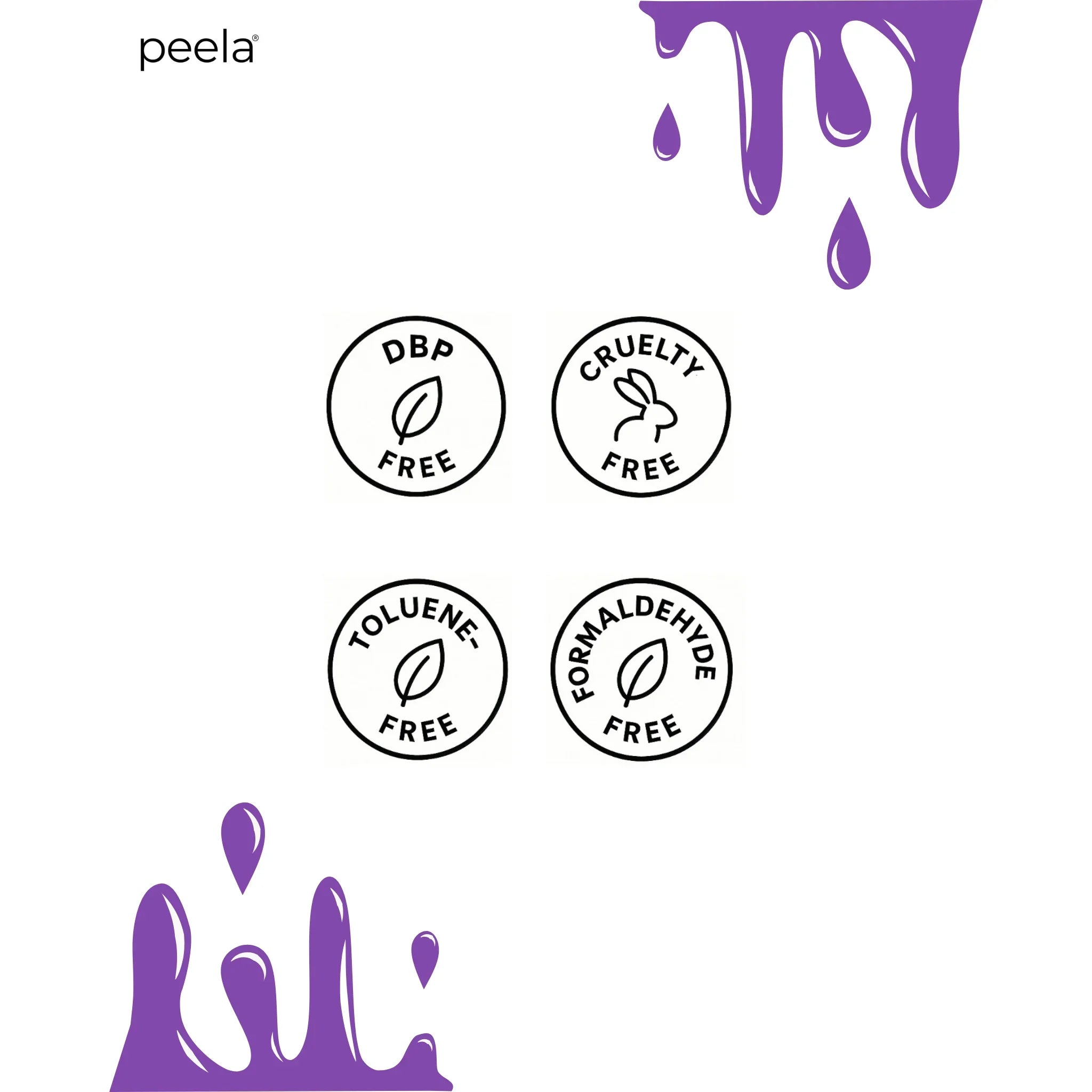 Peelanails peelable nail polish badges showing DBP-free, cruelty-free, toluene-free, formaldehyde-free