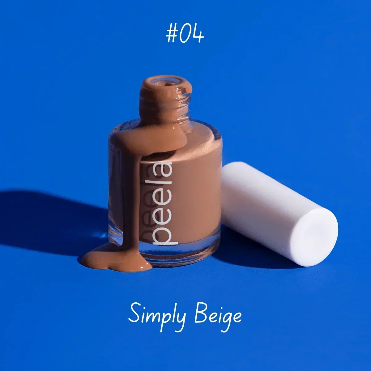 Peela #04 Simply Beige peelable nail polish bottle with cap off, showcasing beige shade