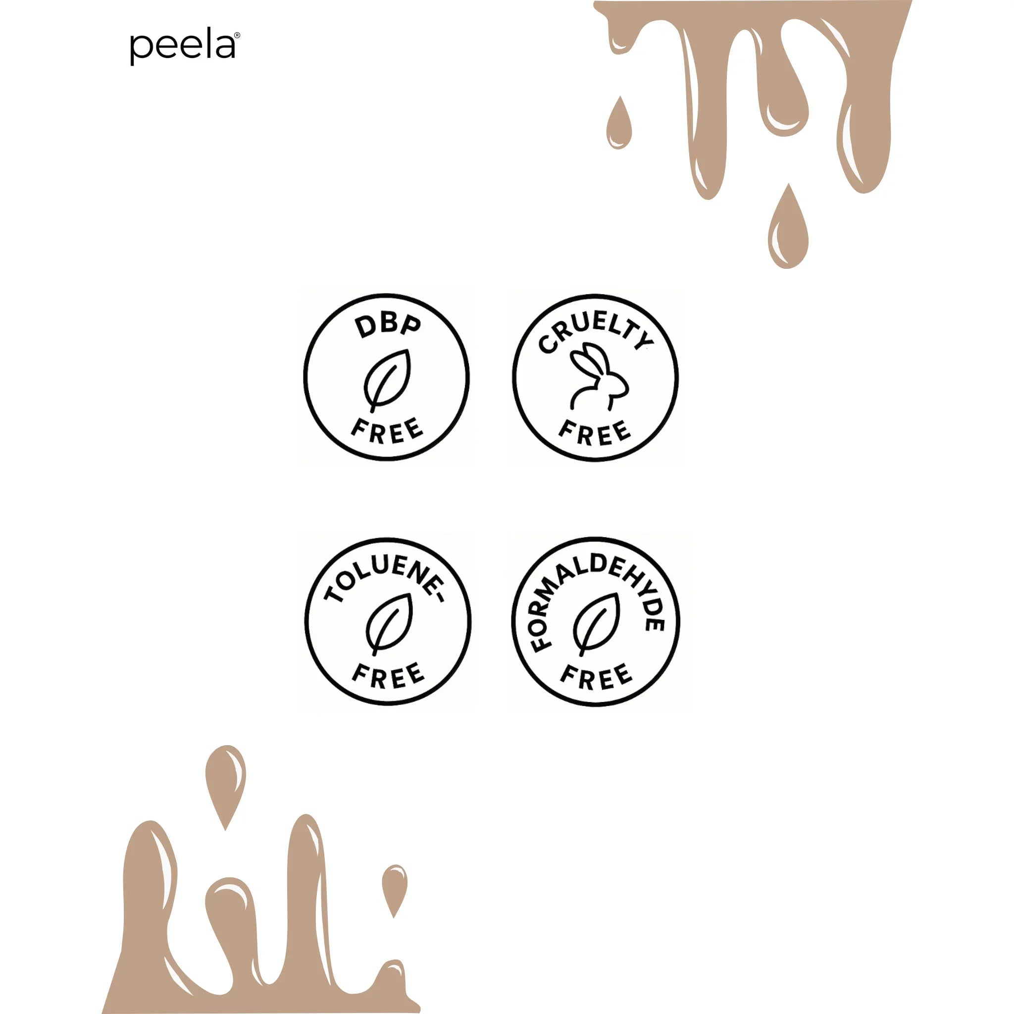 Peelanails Simply Beige polish icons show DBP free, cruelty free, toluene free, formaldehyde free.