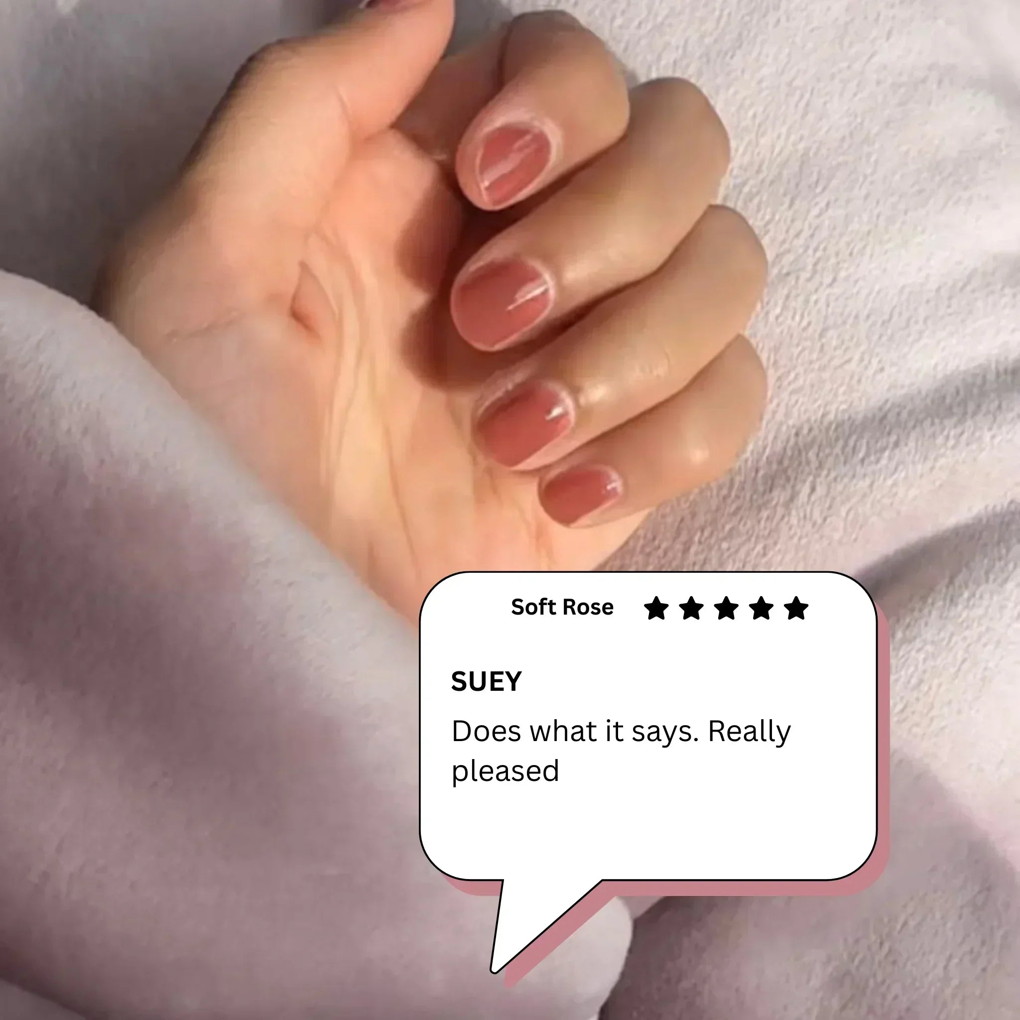 Soft Rose peelable nail polish, safe and remover-free, loved by Suey for its easy application and stylish look.