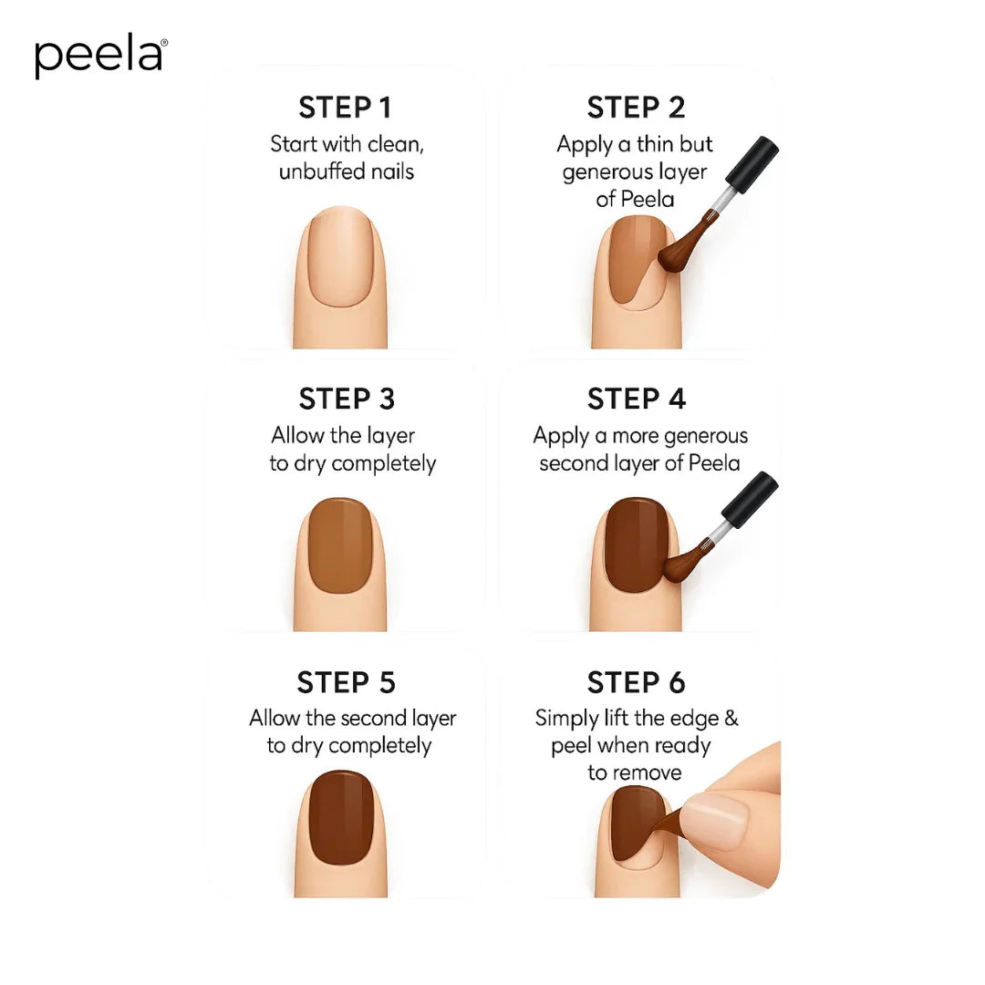 Step-by-step guide for applying and removing peela peelable brown nail polish.