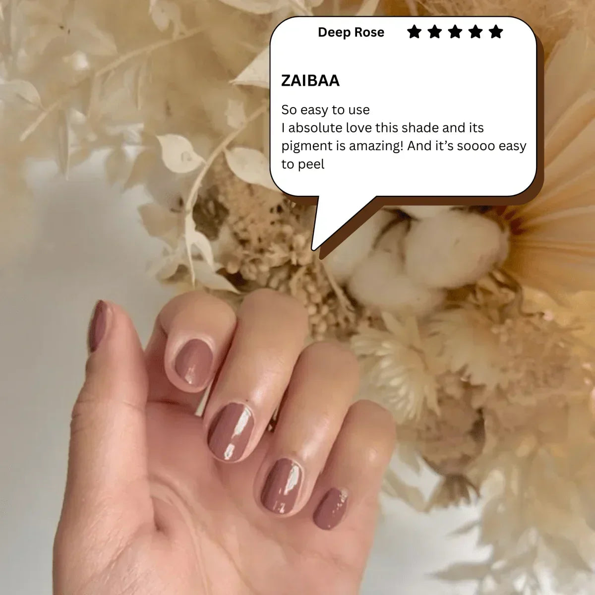 Deep Rose peelable nail polish shade, easy to use and remove, customer review highlighted