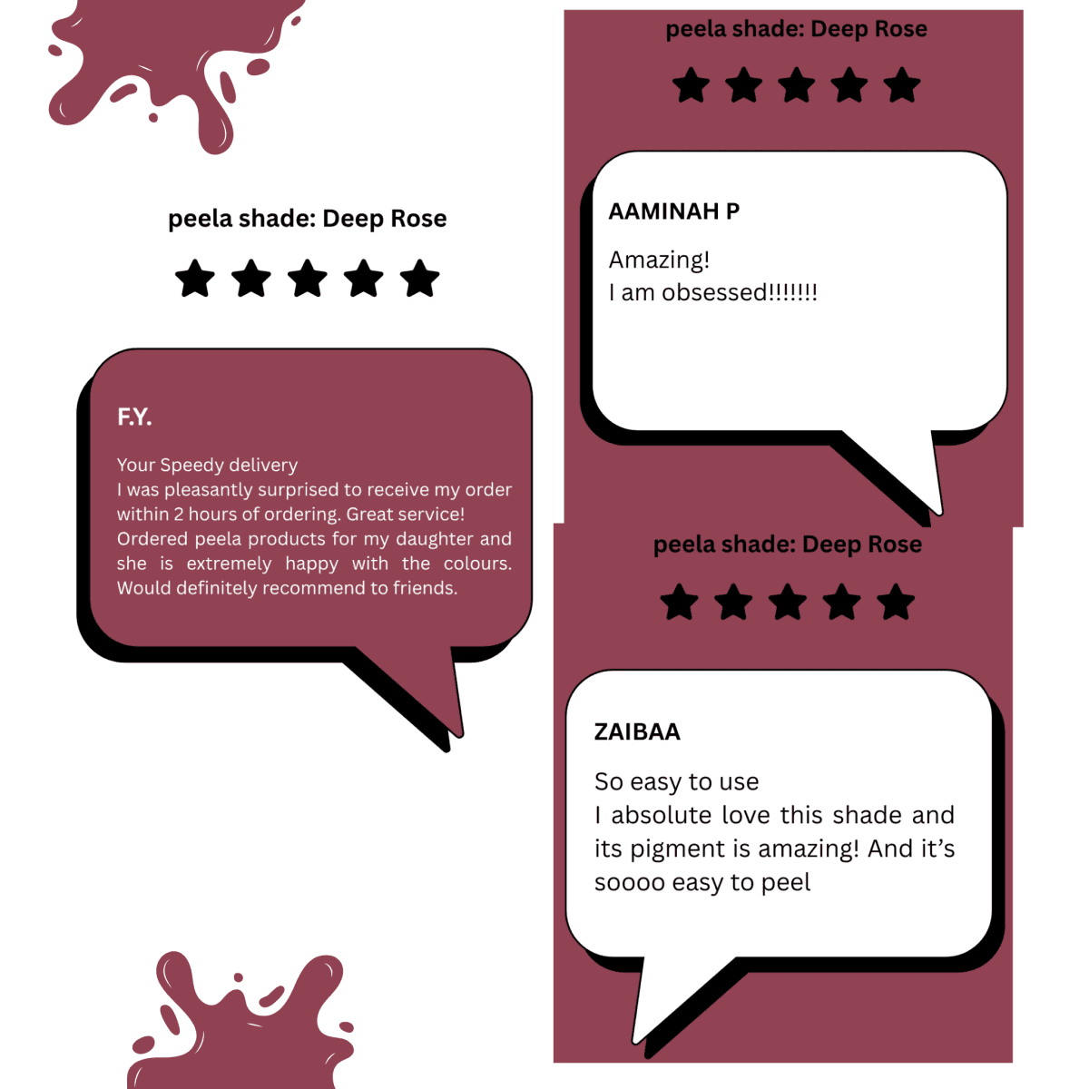 Customer reviews for peela shade Deep Rose peelable nail polish, 5-star ratings shown.