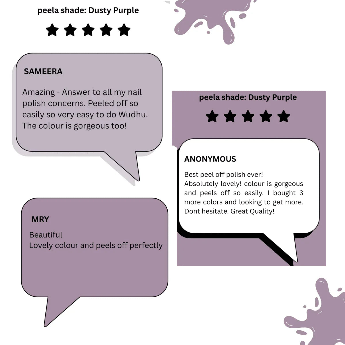 Customer reviews for peelanails peelable nail polish in Dusty Purple shade, five star ratings.