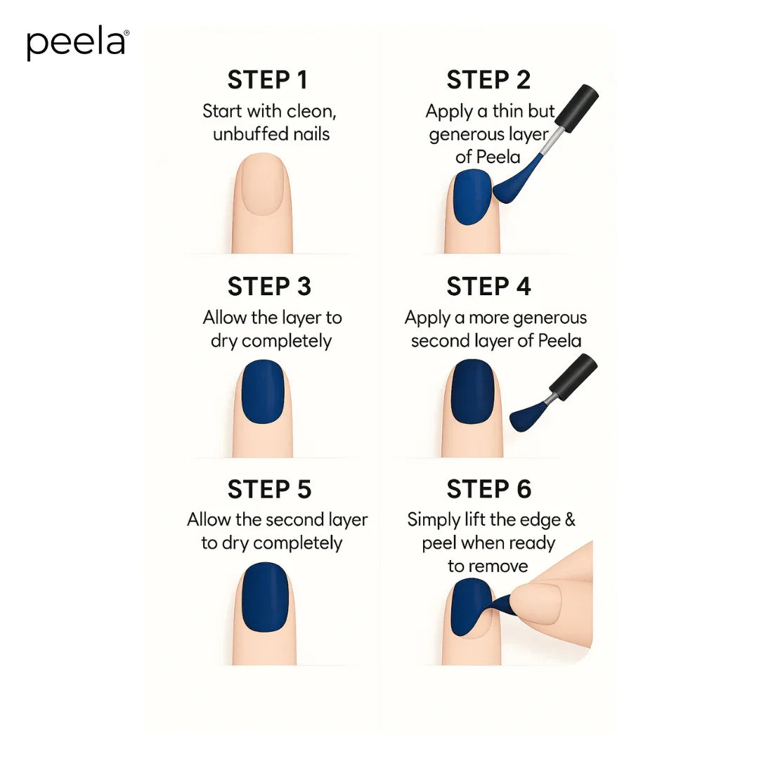 Peela peelable nail polish application steps on fingernails in midnight navy shade