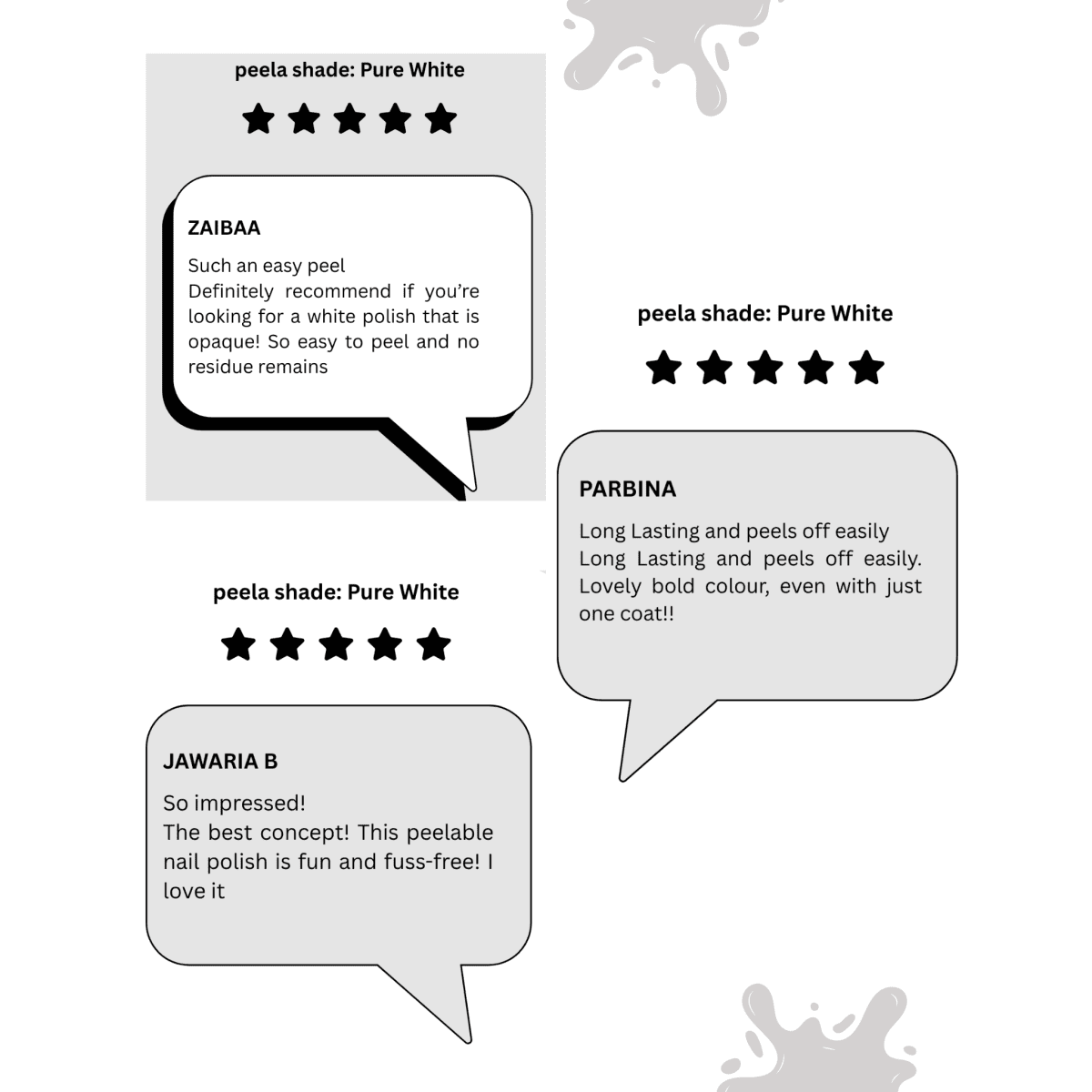 Peelanails Pure White peelable nail polish reviews with five-star ratings and testimonials