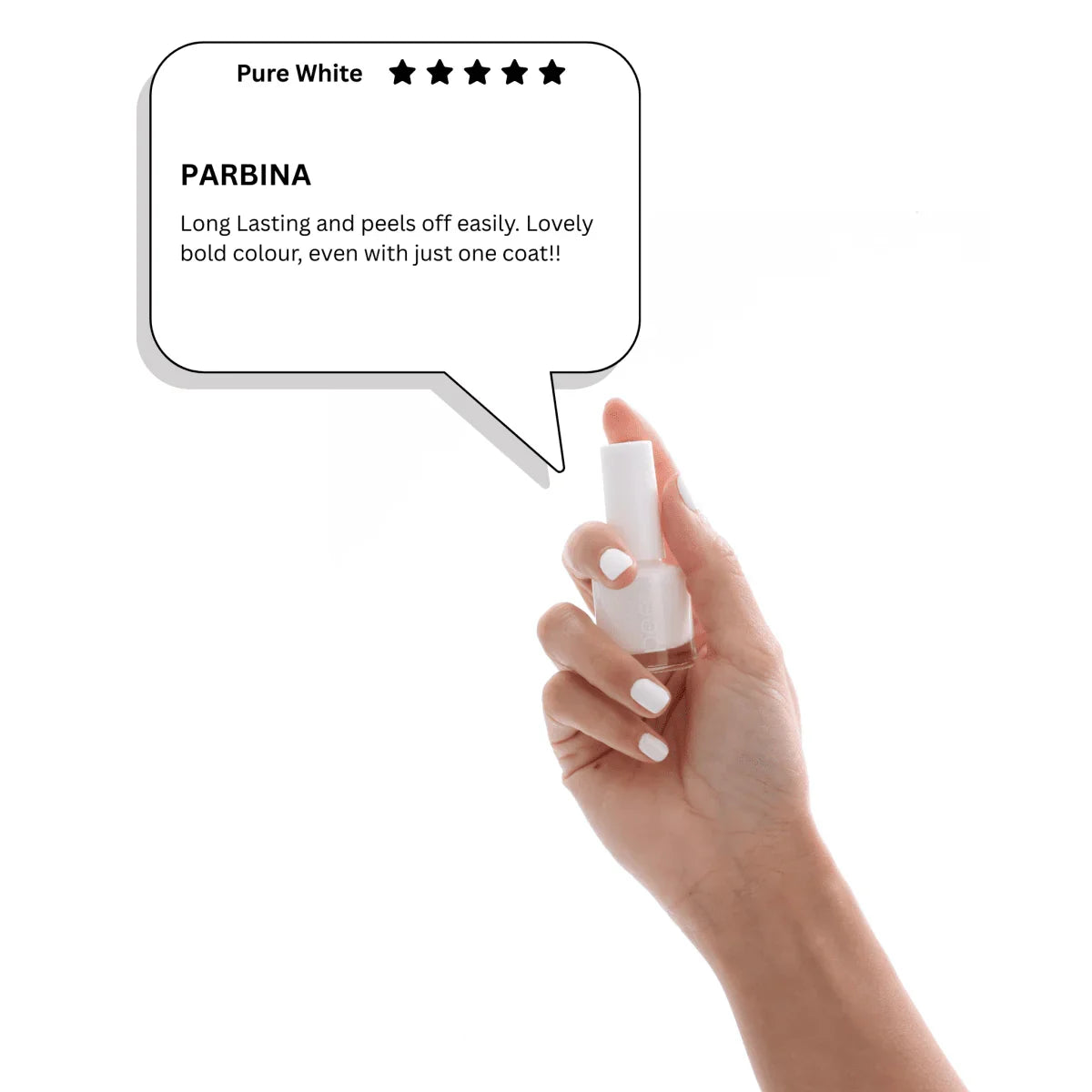 Hand holding Pure White peelable nail polish by peelanails, white nails, customer review bubble