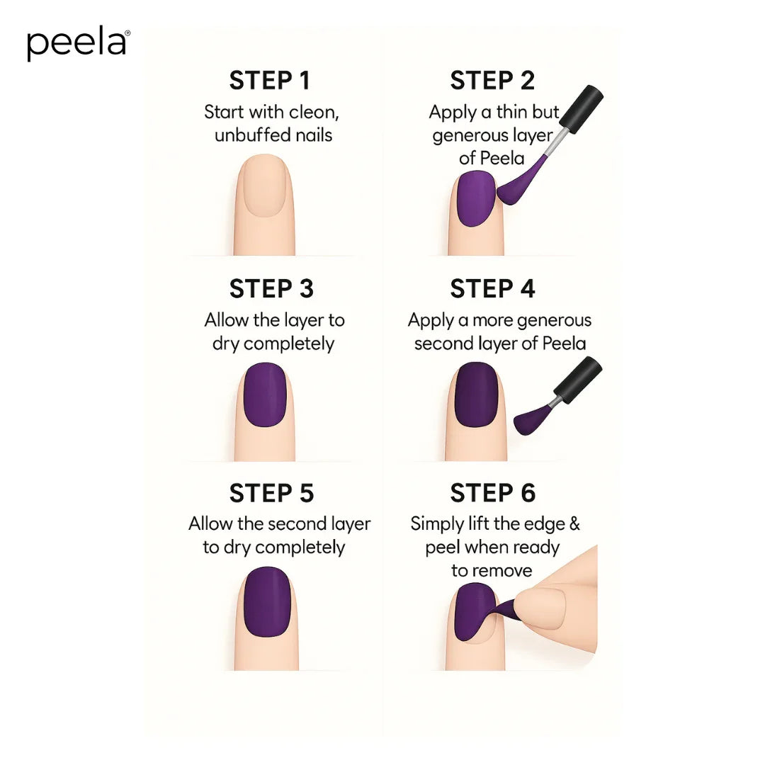 Step-by-step guide applying royal purple peelable nail polish from Peelanails.