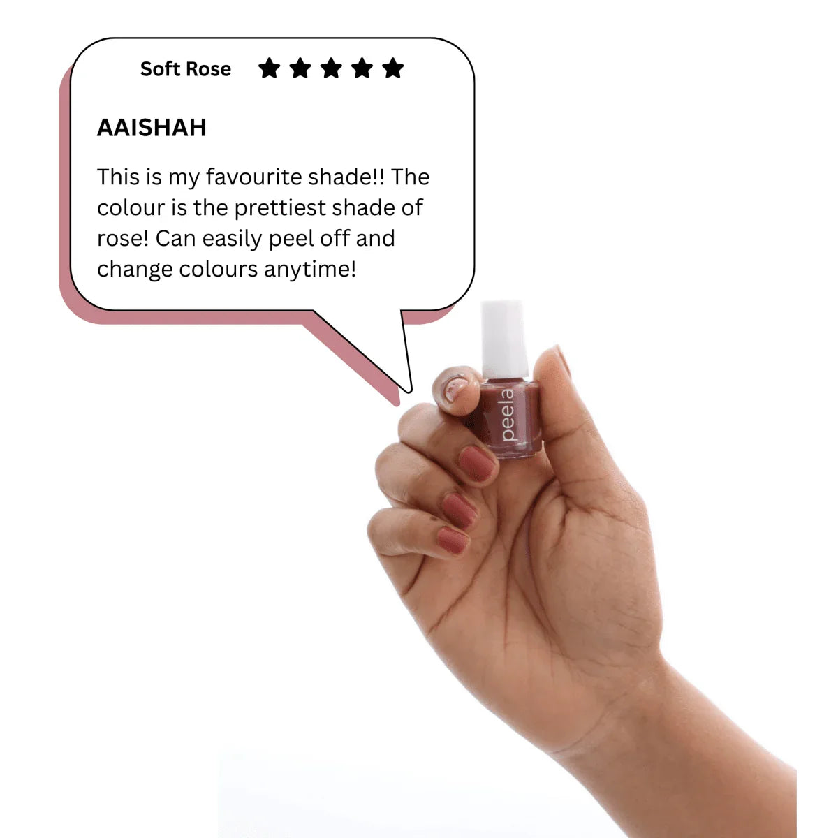 Hand holding peelanails Soft Rose peelable nail polish, rose-colored nails, product review