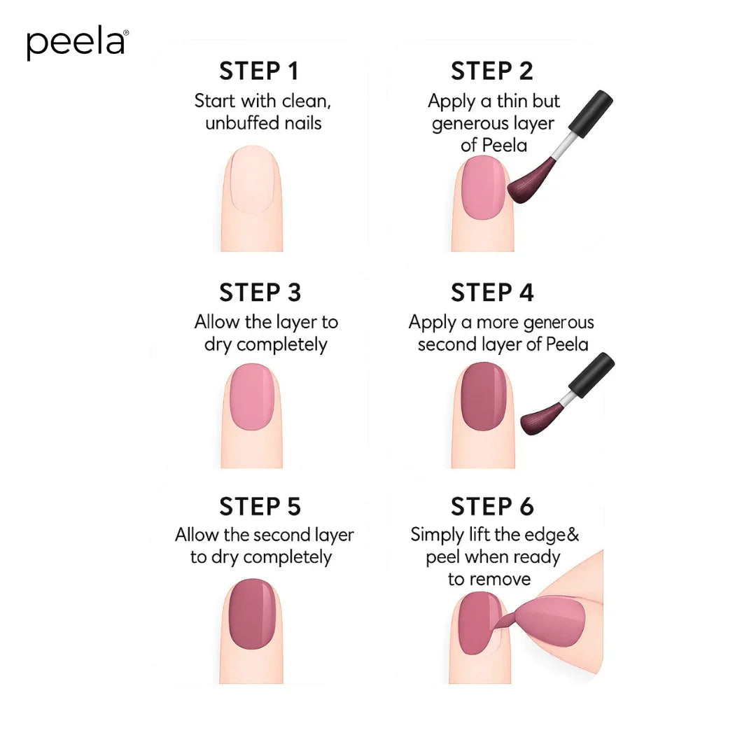 Step-by-step instructions for applying peelanails peelable nail polish in soft rose shade.