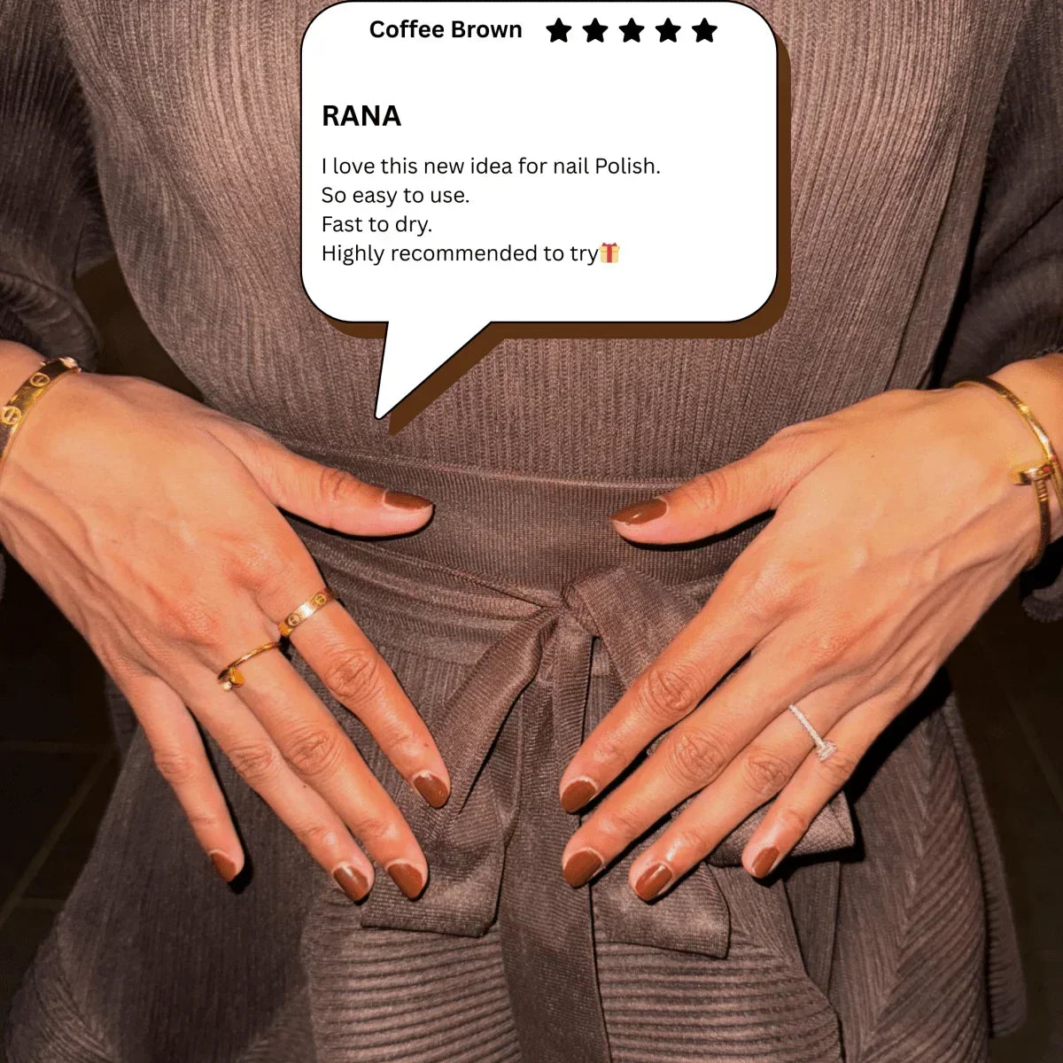 Hands with Coffee Brown peelable nail polish from peelanails, showcasing glossy finish and manicure.