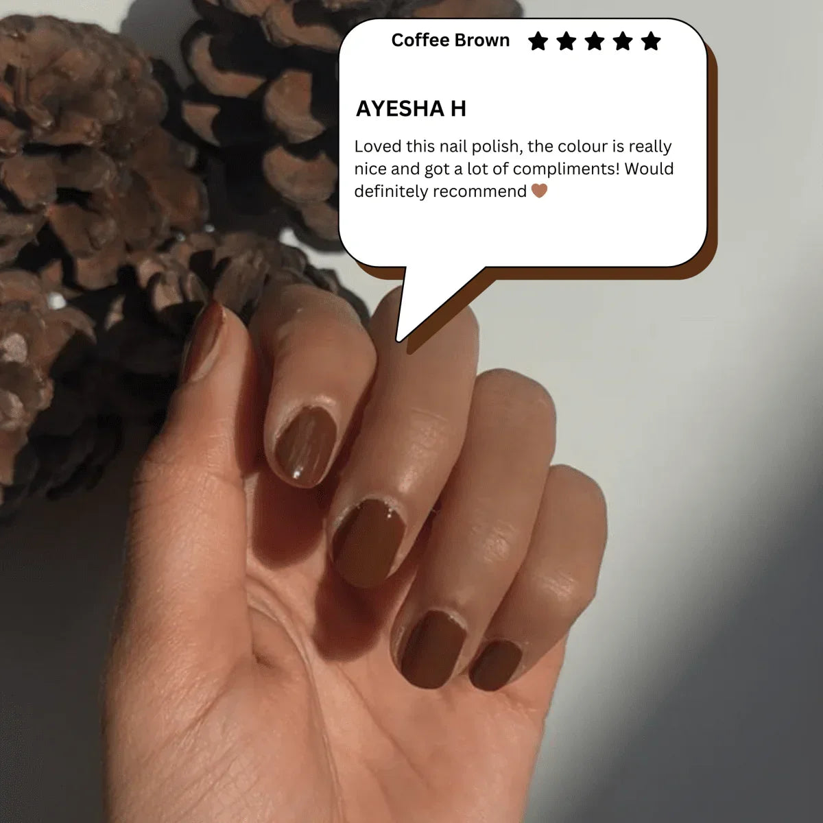 Hand with Coffee Brown peelable nail polish, review highlights compliments and color quality