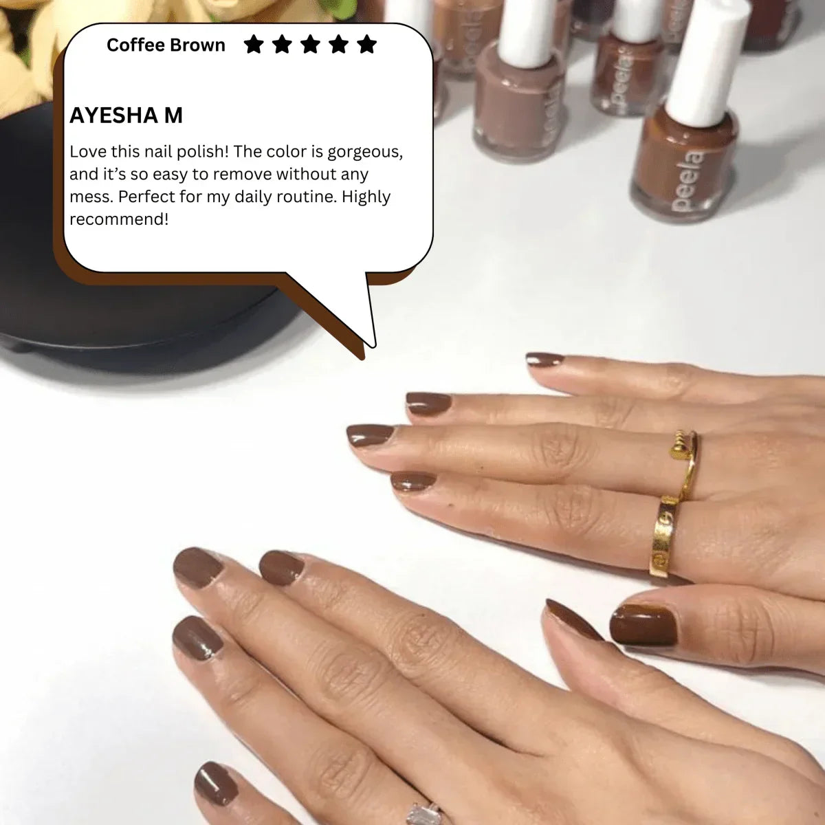 Hands with peelanails peelable coffee brown nail polish, review, nail polish bottles visible
