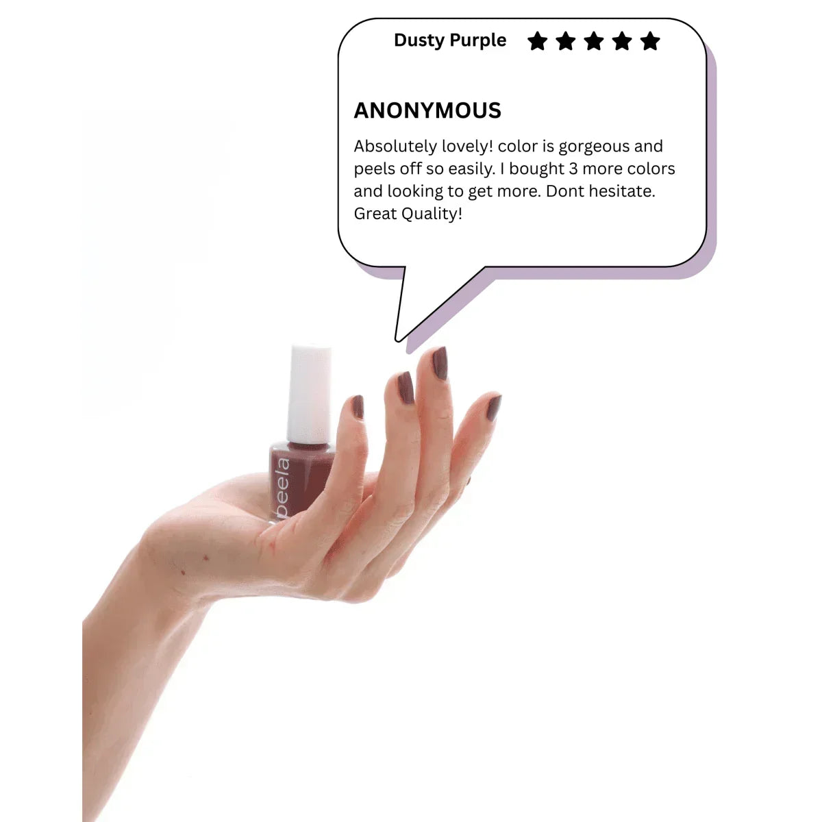 Hand holding peelanails Dusty Purple peelable nail polish with five-star customer review