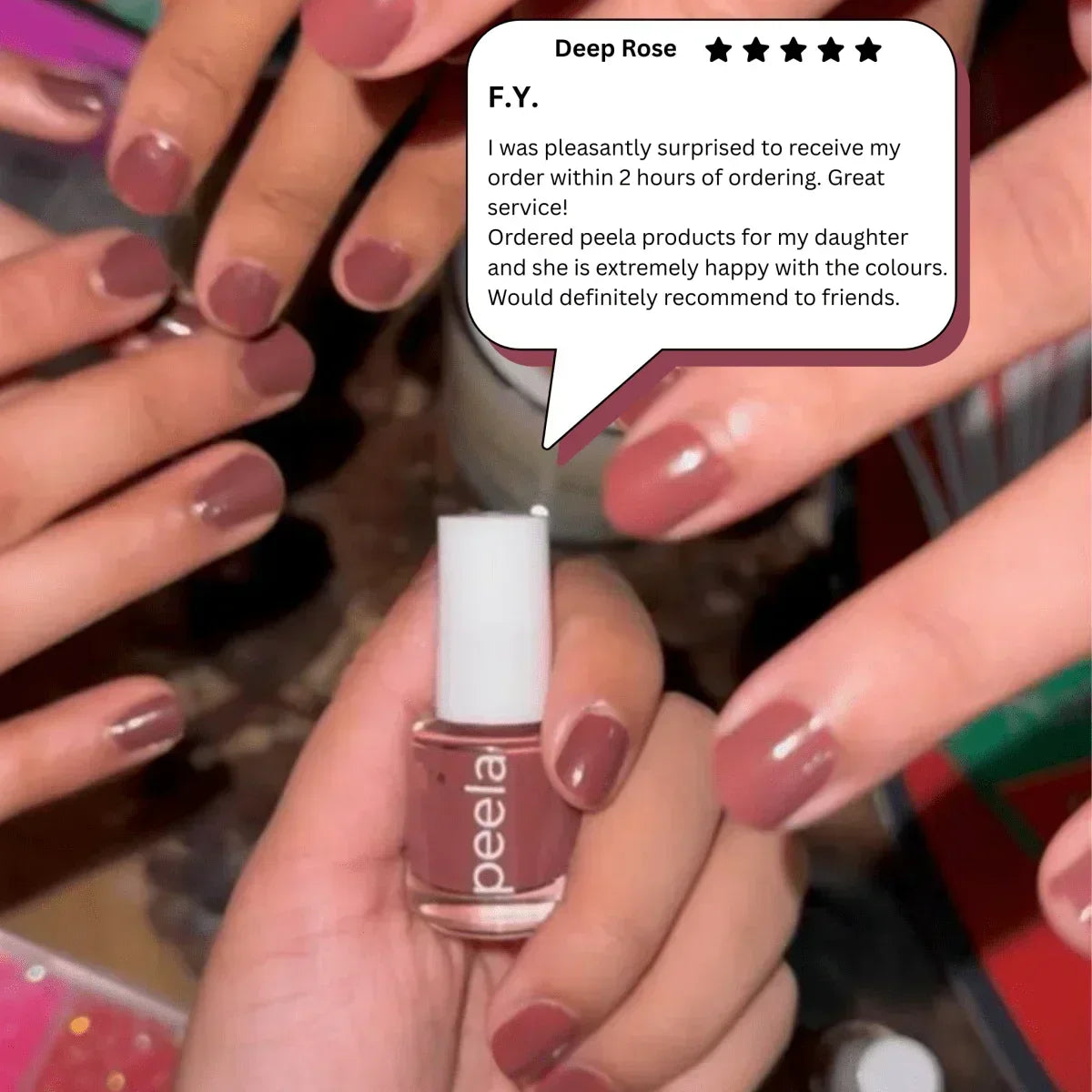Deep Rose peelable nail polish bottle with applied swatch, showcasing easy removal and stylish shade