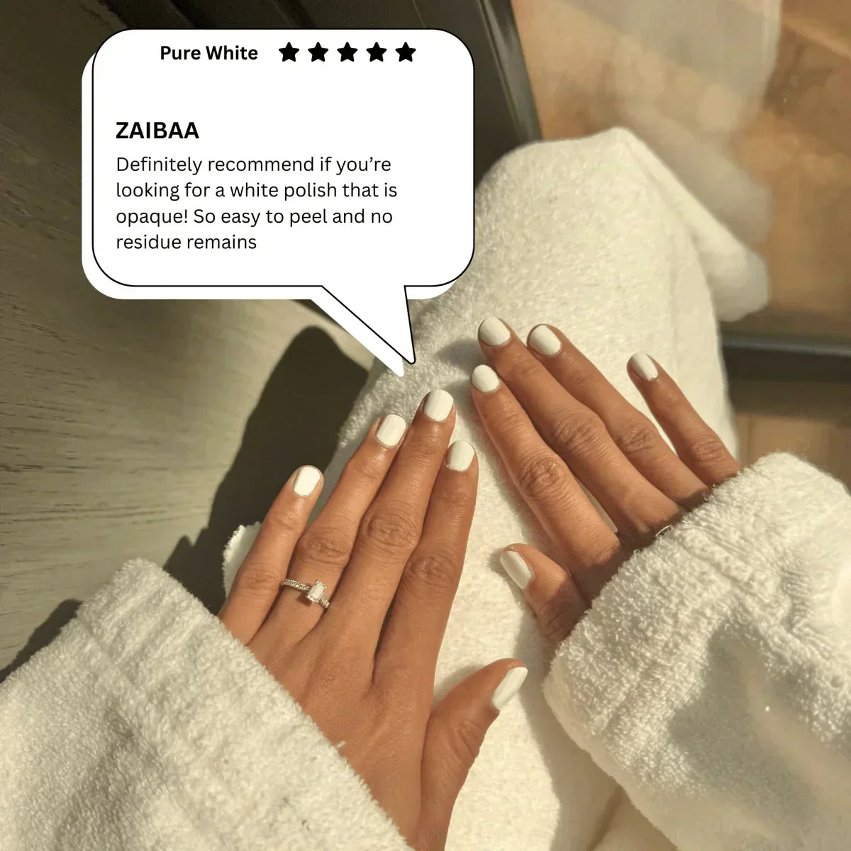 Pure White peelable nail polish on hands, easy to peel no residue, 5-star review