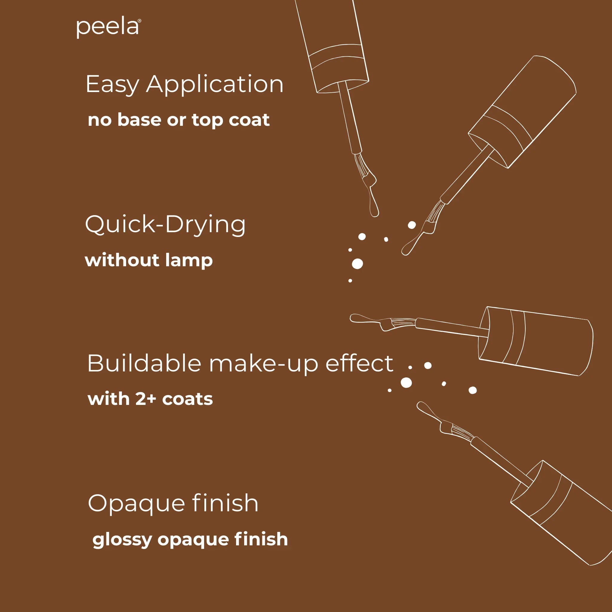 Peelanails Coffee Brown 10ml peelable nail polish features and benefits infographic with outlined bottles