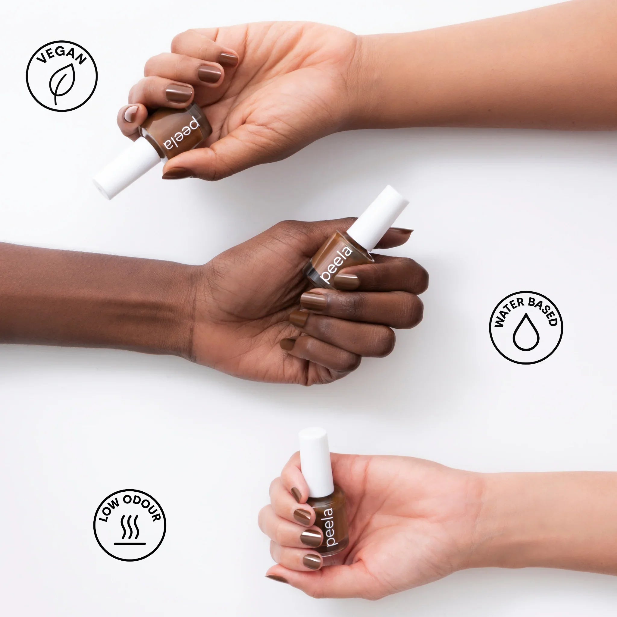 Peelanails Coffee Brown peelable nail polish on nails, vegan, water-based, low odour