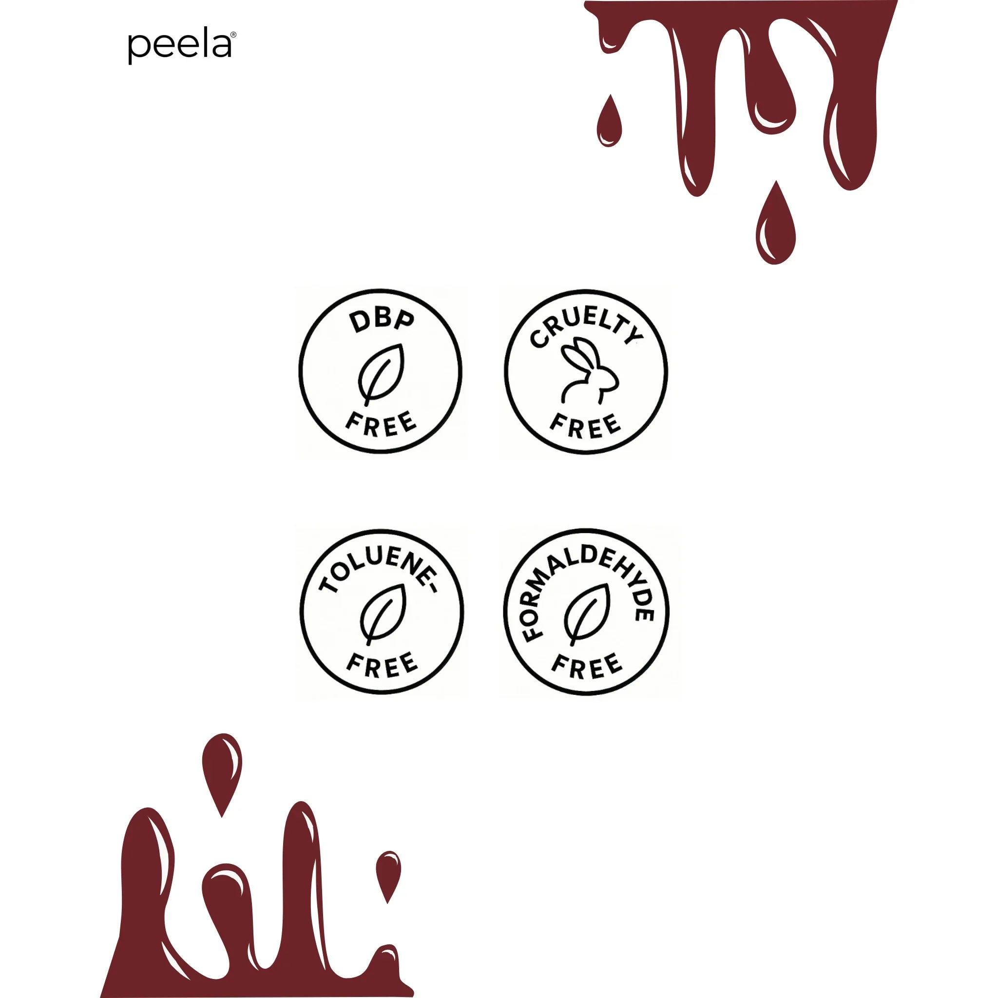 Peelanails Deep Burgundy nail polish is DBP-free, cruelty-free, toluene-free, and formaldehyde-free.