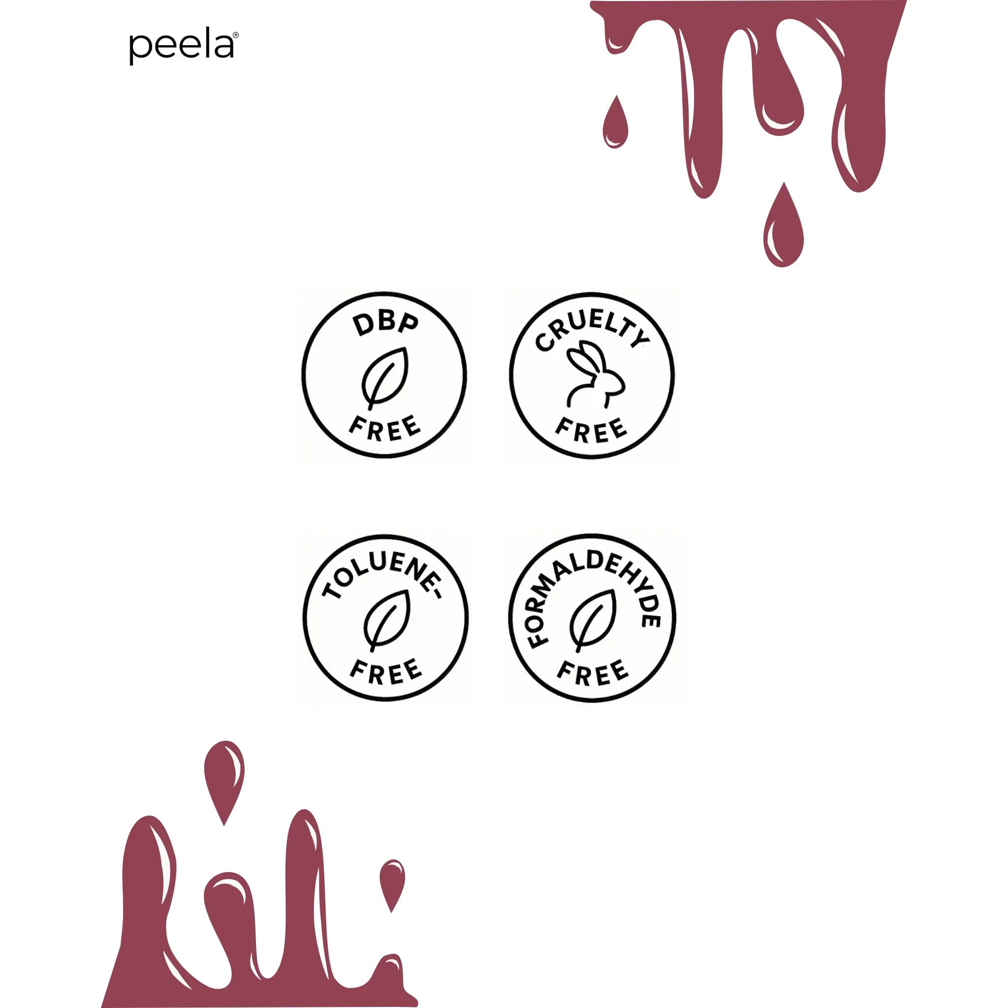 Peelanails icons highlighting DBP free, cruelty free, toluene free, formaldehyde free nail polish