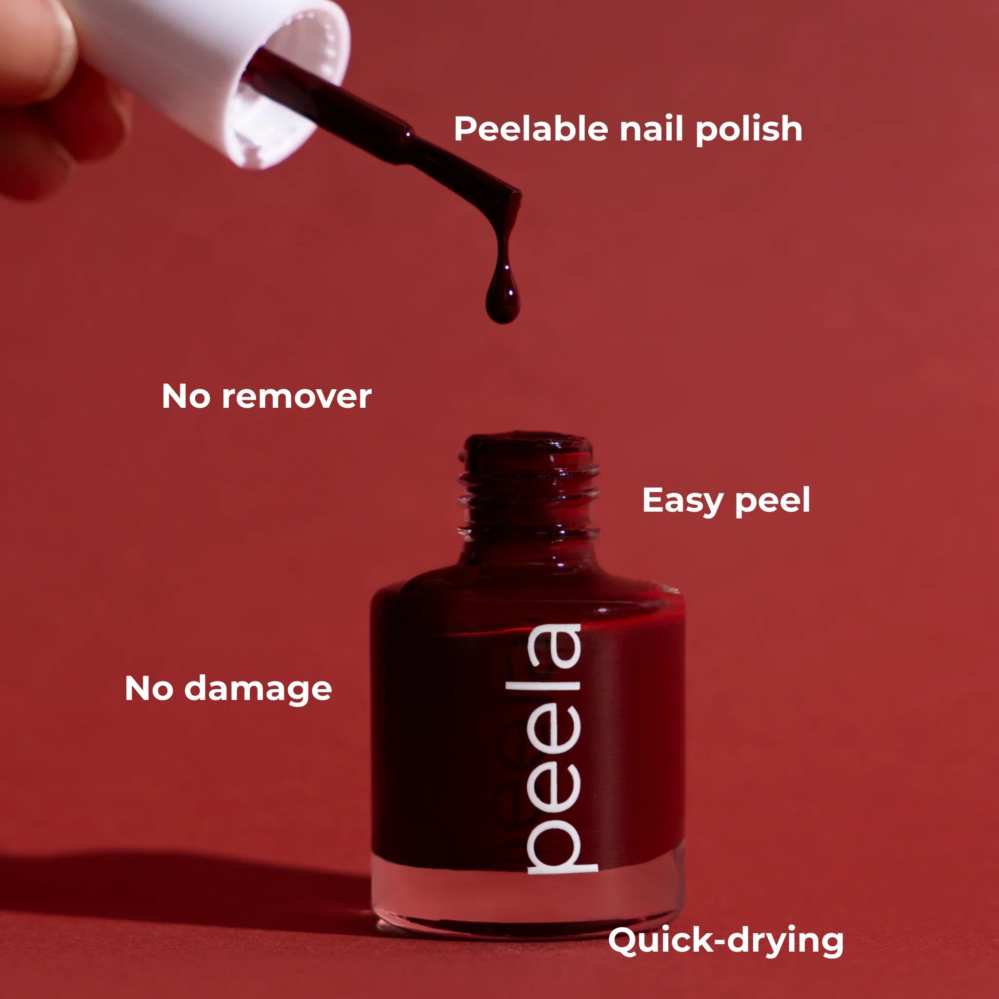 Deep wine peelable nail polish bottle with brush, featuring easy peel, no remover, no damage, quick-drying benefits.