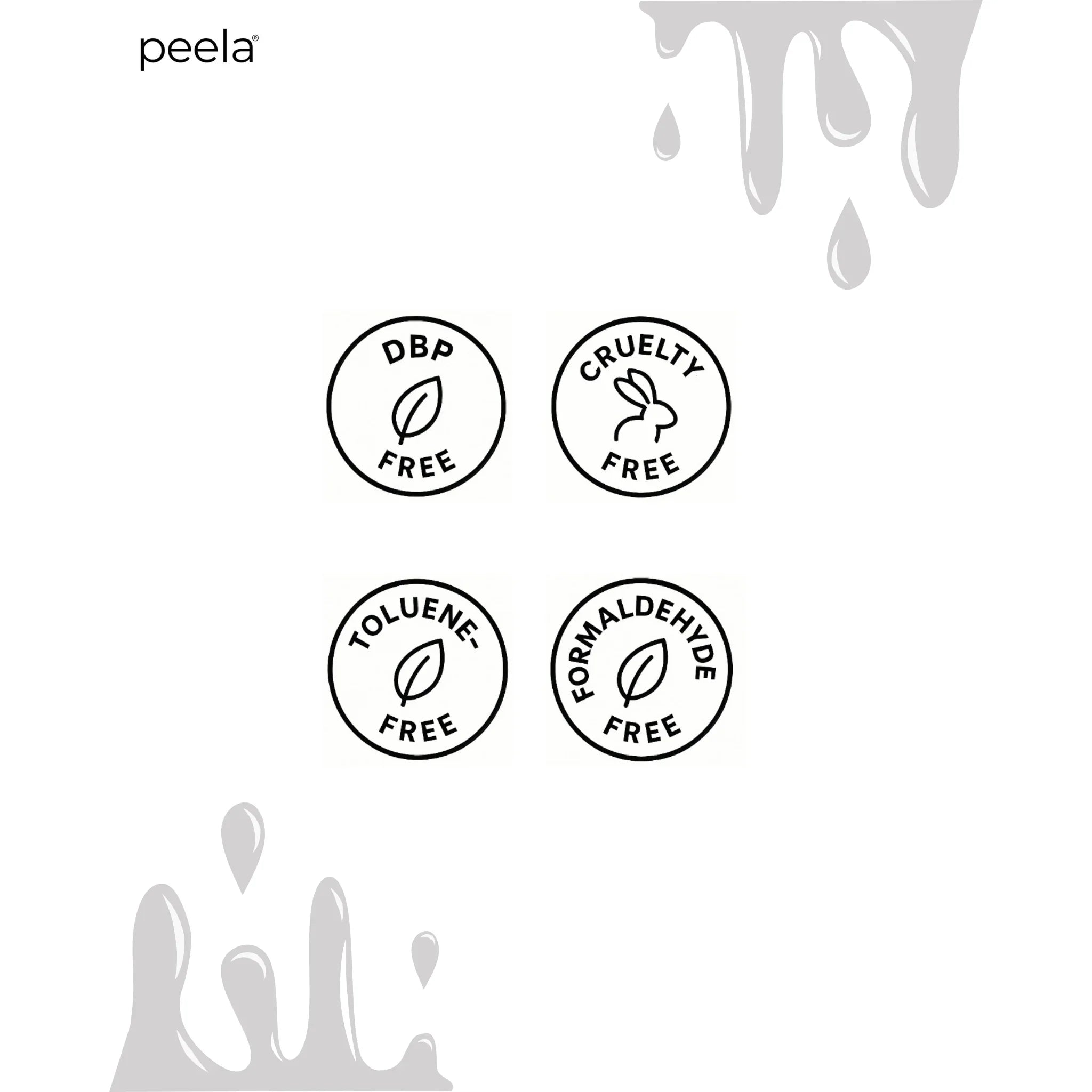 Peelanails nail polish icons: DBP free, cruelty free, toluene free, formaldehyde free