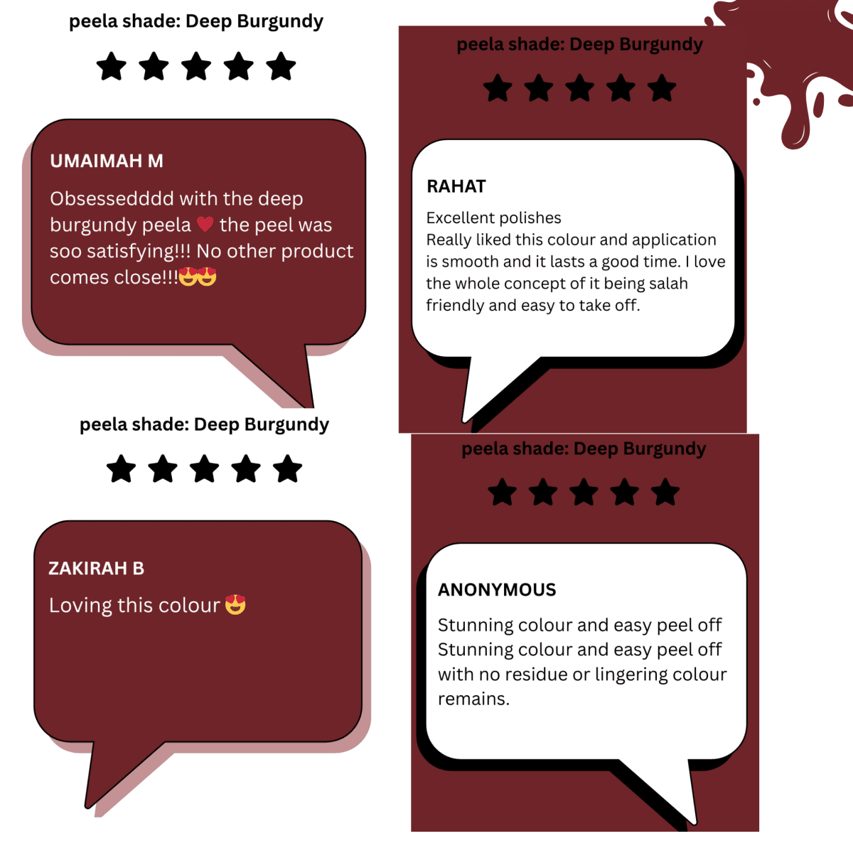 Customer reviews for peelanails peelable nail polish in Deep Burgundy shade, highlighting satisfaction with peel-off performance and vibrant color.